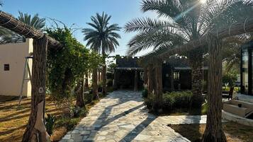 A stone pathway leading to a covered area with palm trees and a building in the background.