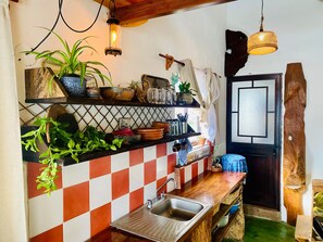 Een keuken met een geruit spatwand, houten planken en hangplanten.