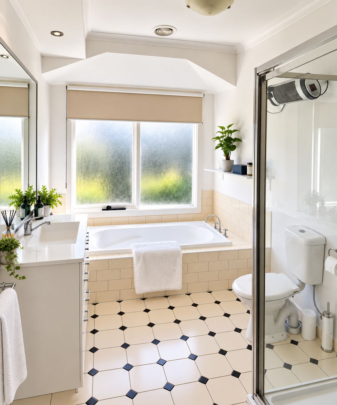 A modern bathroom with a large bathtub, a glass shower enclosure, and a window with frosted glass.