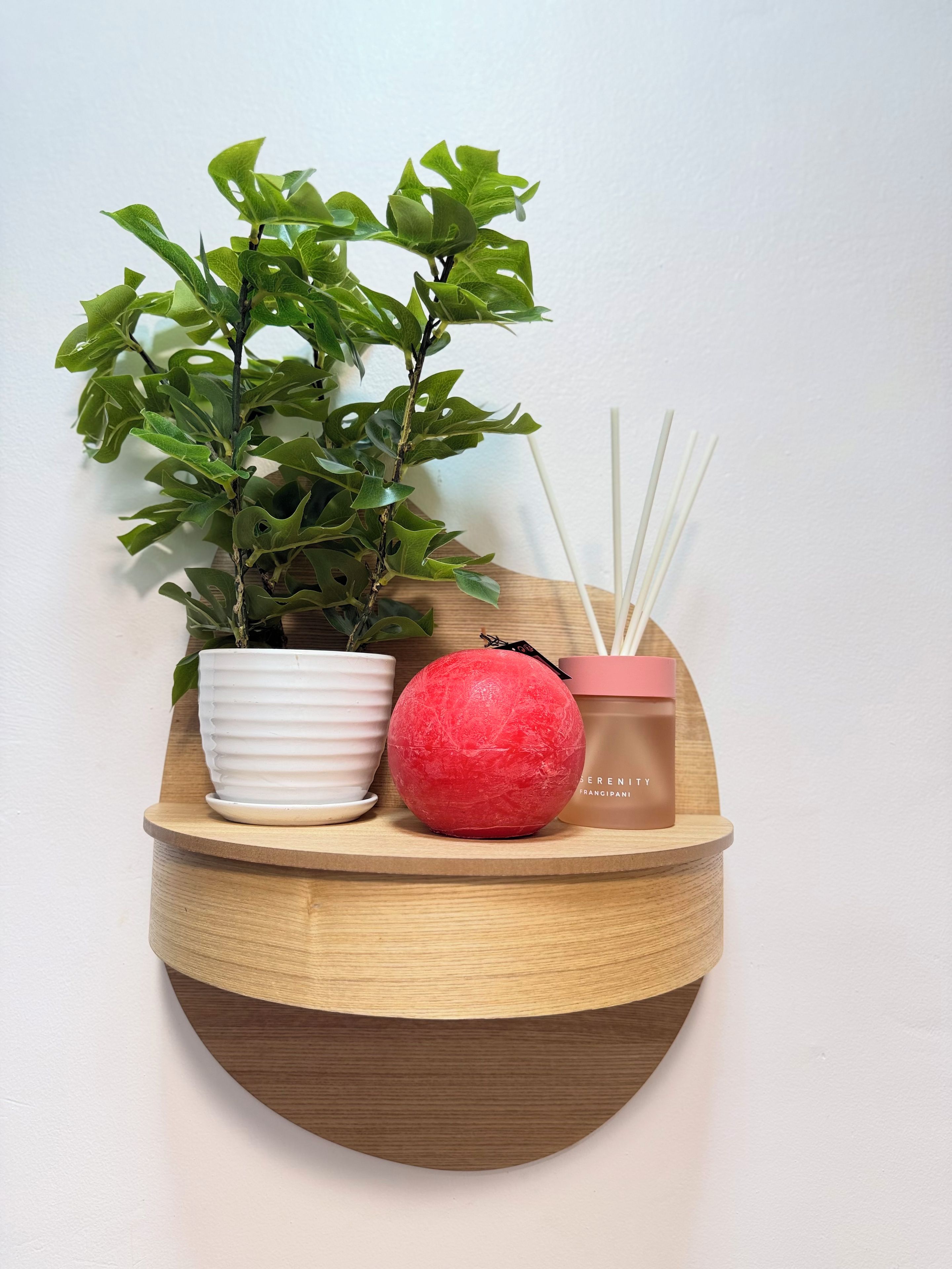 A wall-mounted wooden shelf with a potted plant, a red spherical object, and two containers with reed diffusers.