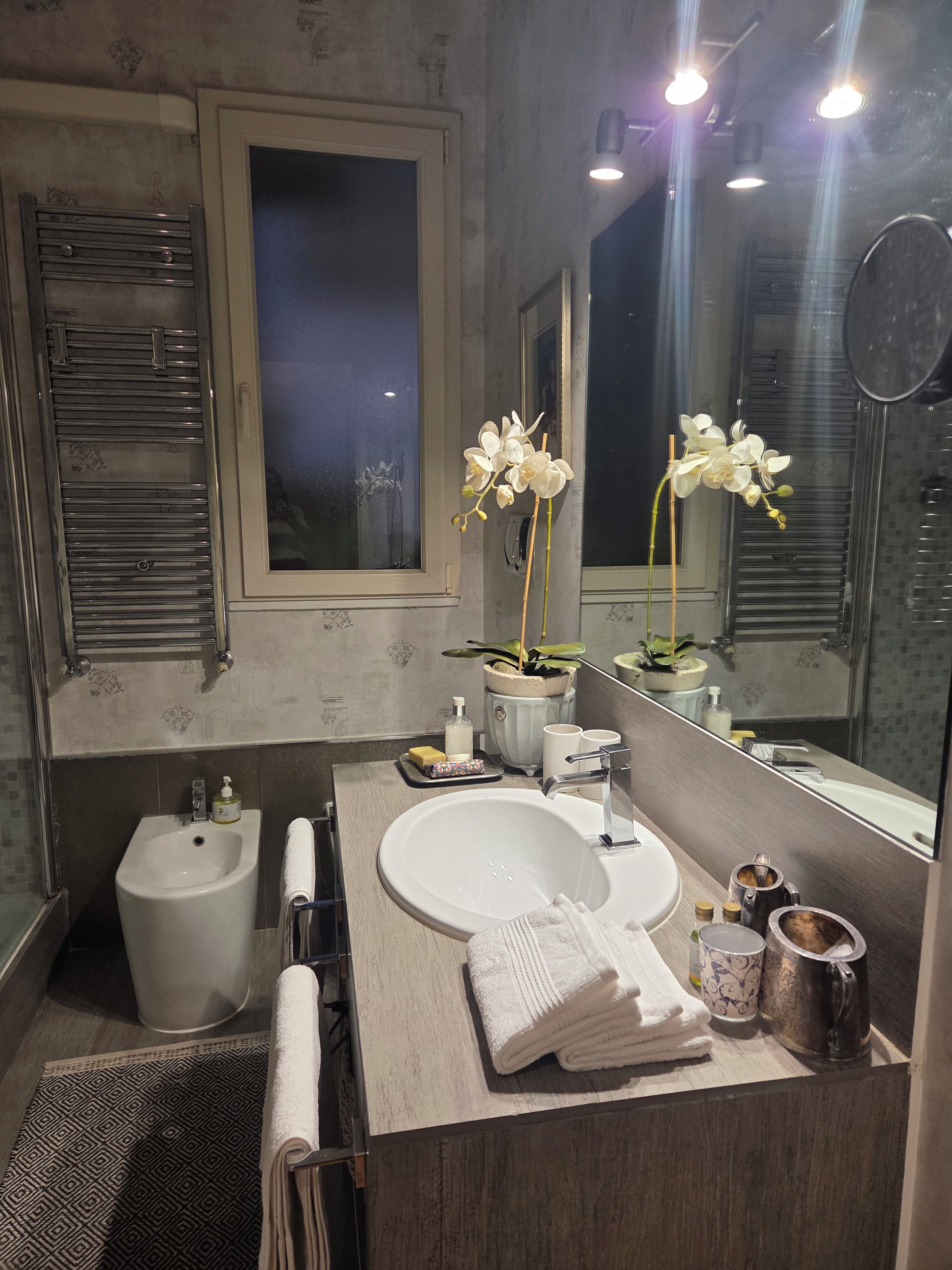 A modern bathroom with a large mirror, a sink, a bidet, and a towel rack.