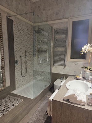 Un baño moderno con ducha de vidrio, lavamanos blanco y un espejo grande.