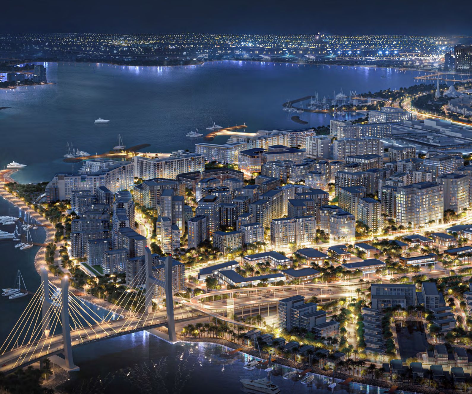 Un paisaje urbano costero nocturno con rascacielos, un puente destacado y un puerto deportivo.