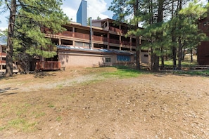 A multi-story building with balconies, surrounded by pine trees. - Pine Top Loft - Walk to Lifts, Ski Locker, Deck (Angel Fire)