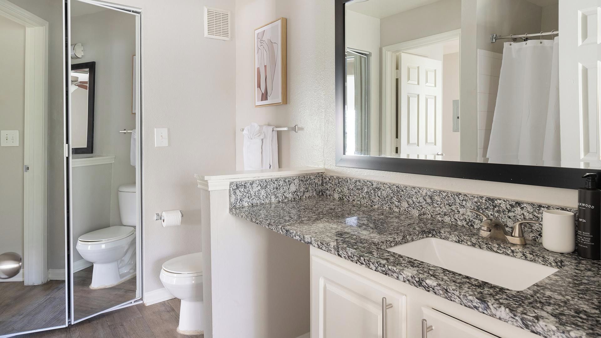 A bathroom with a white toilet, a sink with a granite countertop, and a large mirror.