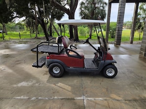 Un carrito de golf estacionado sobre una superficie de concreto con asiento cubierto, rodeado de árboles y un área techada con pilares.