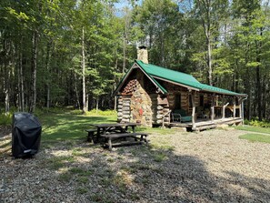 Un chalet rustique avec une cheminée en pierre, une véranda et une table de pique-nique.