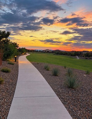 Un sendero que lleva a una zona residencial con casas y un cielo al atardecer.