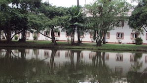 Un estany tranquil amb reflexos d'arbres i un edifici amb finestres de videt.