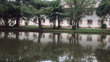 A calm pond with reflections of trees and a building with red-framed windows.