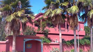 A red building with a small entrance, surrounded by palm trees and cacti.