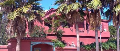 A red building with a small entrance, surrounded by palm trees and cacti.