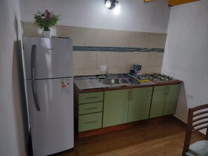 A compact kitchen with a refrigerator, sink, stove, and green cabinets. - Delightful 1-bedroom apartment with AC in Puerto Iguazú (Puerto Iguazú)