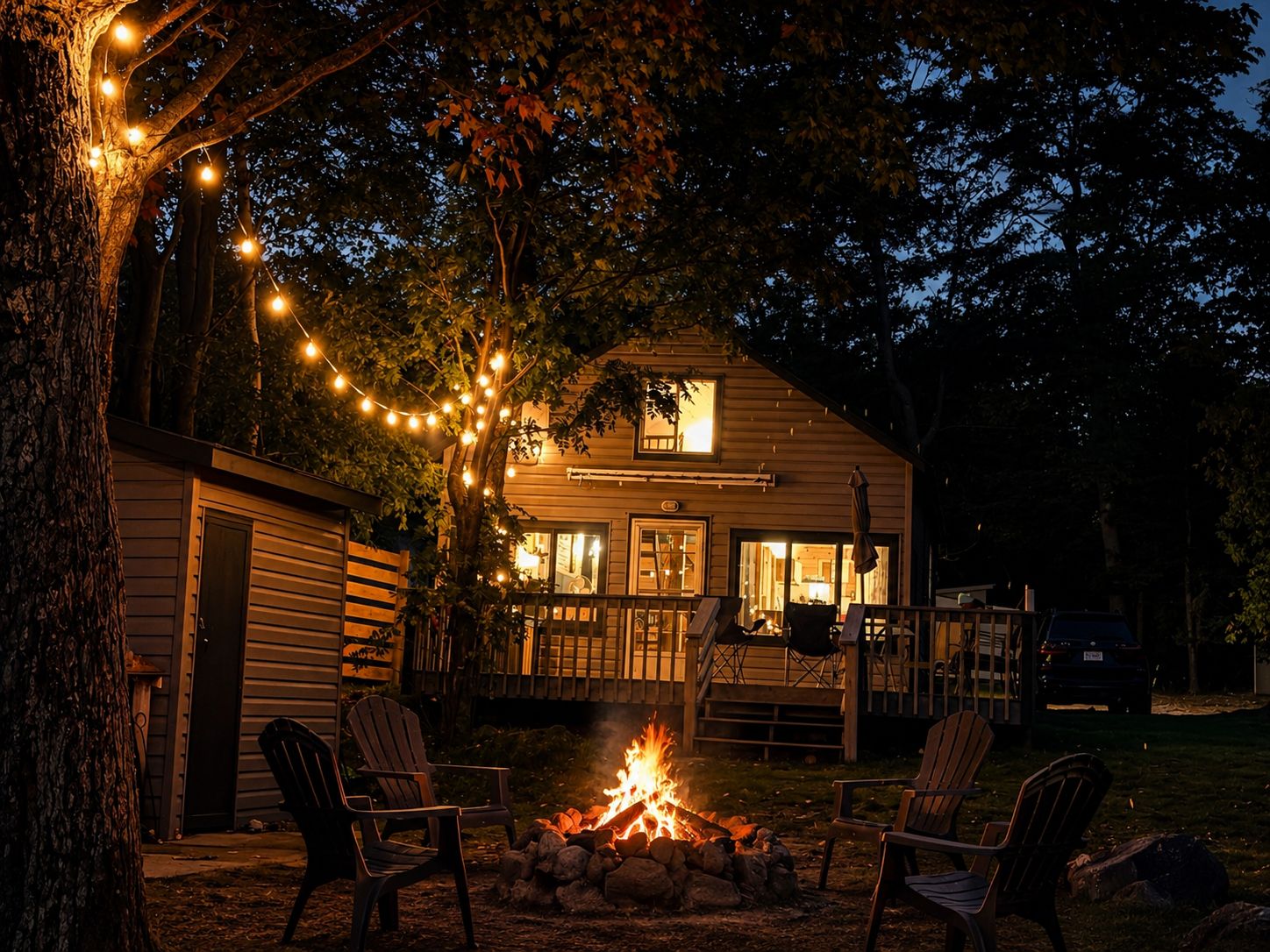 Una casa con fogón, asientos exteriores y luces colgantes.