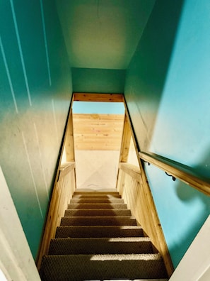 A wooden staircase with a handrail leading to a landing. - Spacious 7-bedroom house with AC in wonderful Naperville (Naperville)