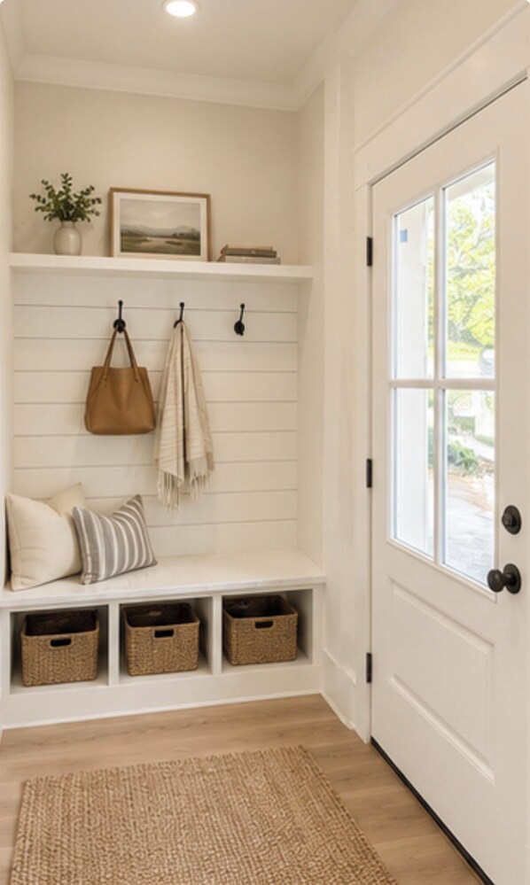 A clean, white entryway with a bench, hooks for bags, a plant, and a framed picture.