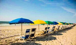A beach with rows of beach chairs and umbrellas. - Barefoot Resort N. Myrtle Beach: Golf & Beach (North Myrtle Beach)