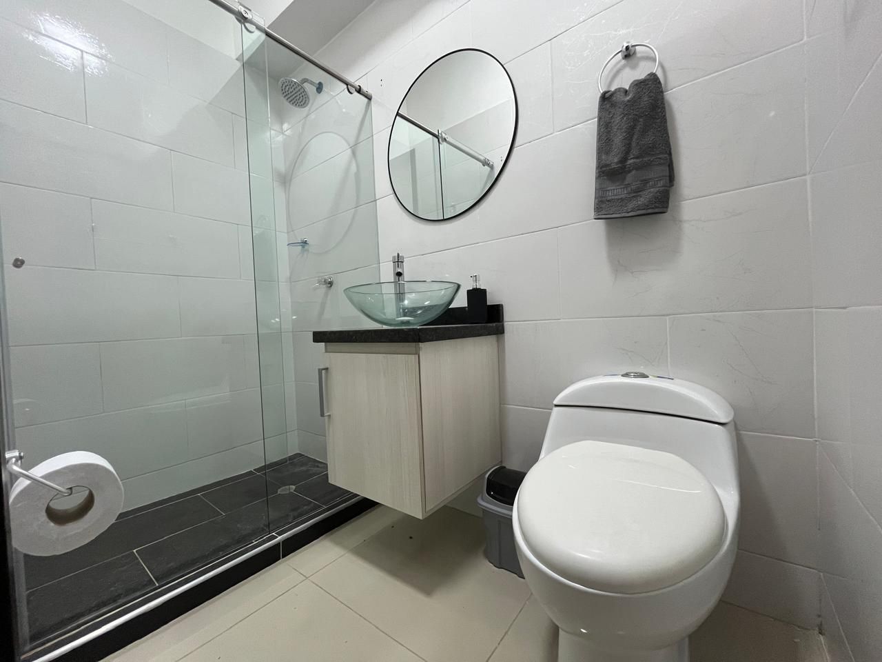 Bidet, towels, soap, toilet paper
