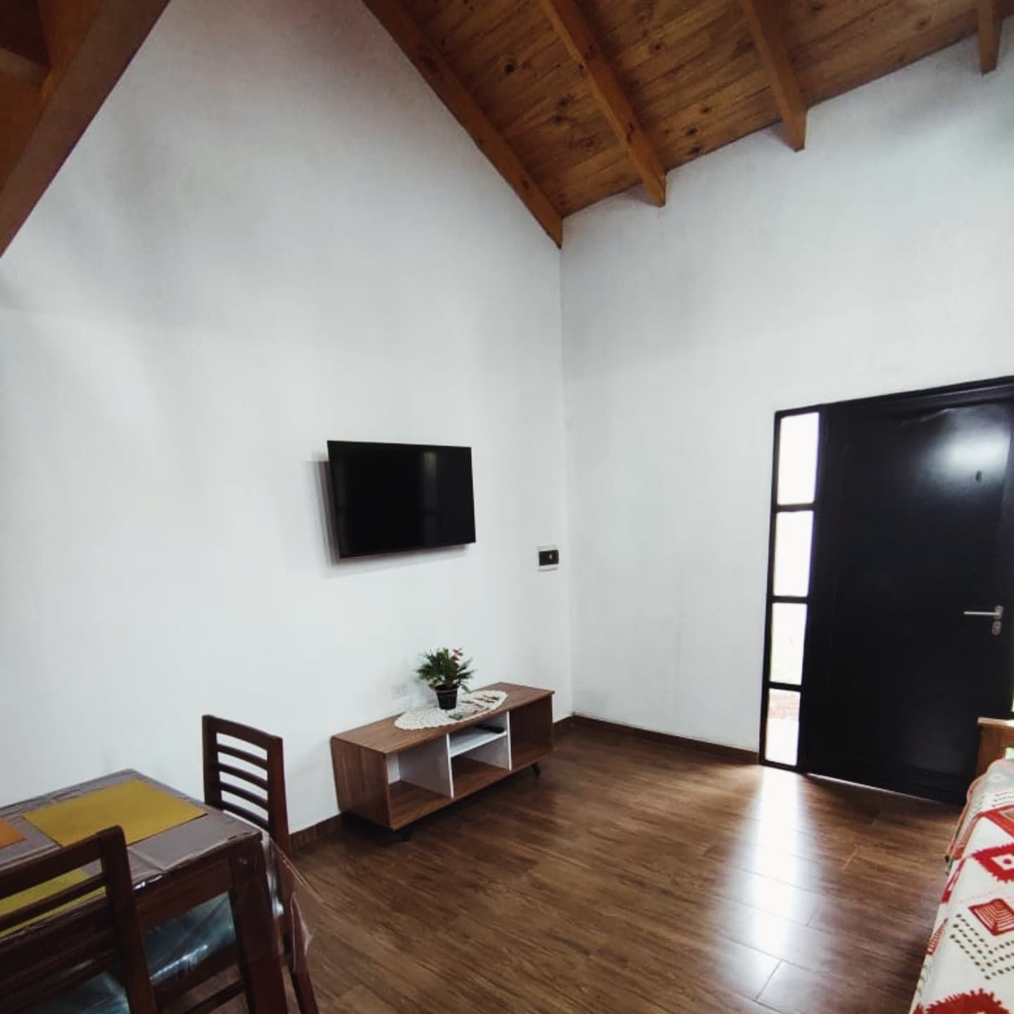 Een kamer met een houten vloer, een aan de muur bevestigde televisie, een klein tafeltje met een plant en een deur.