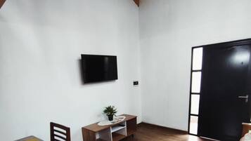 Een kamer met een houten vloer, een aan de muur bevestigde televisie, een klein tafeltje met een plant en een deur.