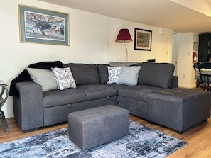 A grey sectional sofa with an ottoman, a blue and white patterned rug, and two framed pictures on the wall.
