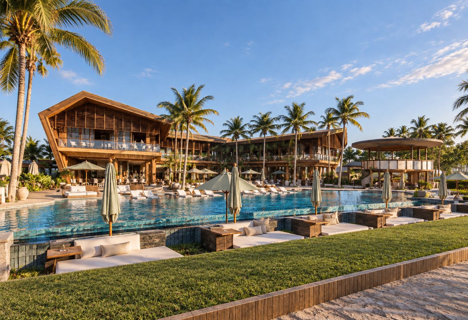 Resort com uma piscina grande, várias áreas de estar e um edifício de vários andares com varandas.