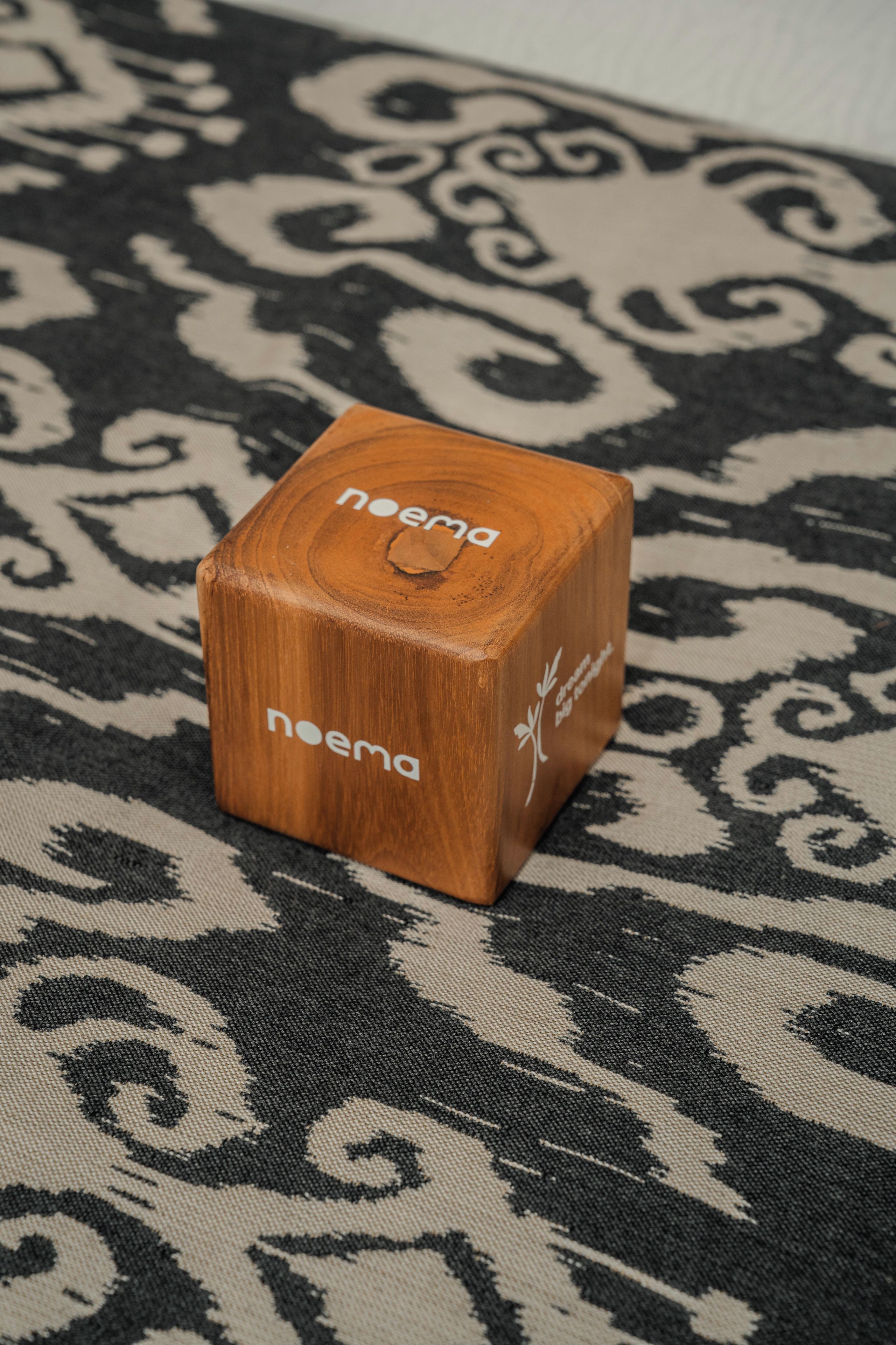 A wooden cube with the word 'noema' on it, placed on a patterned fabric.