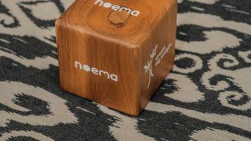A wooden cube with the word 'noema' on it, placed on a patterned fabric.