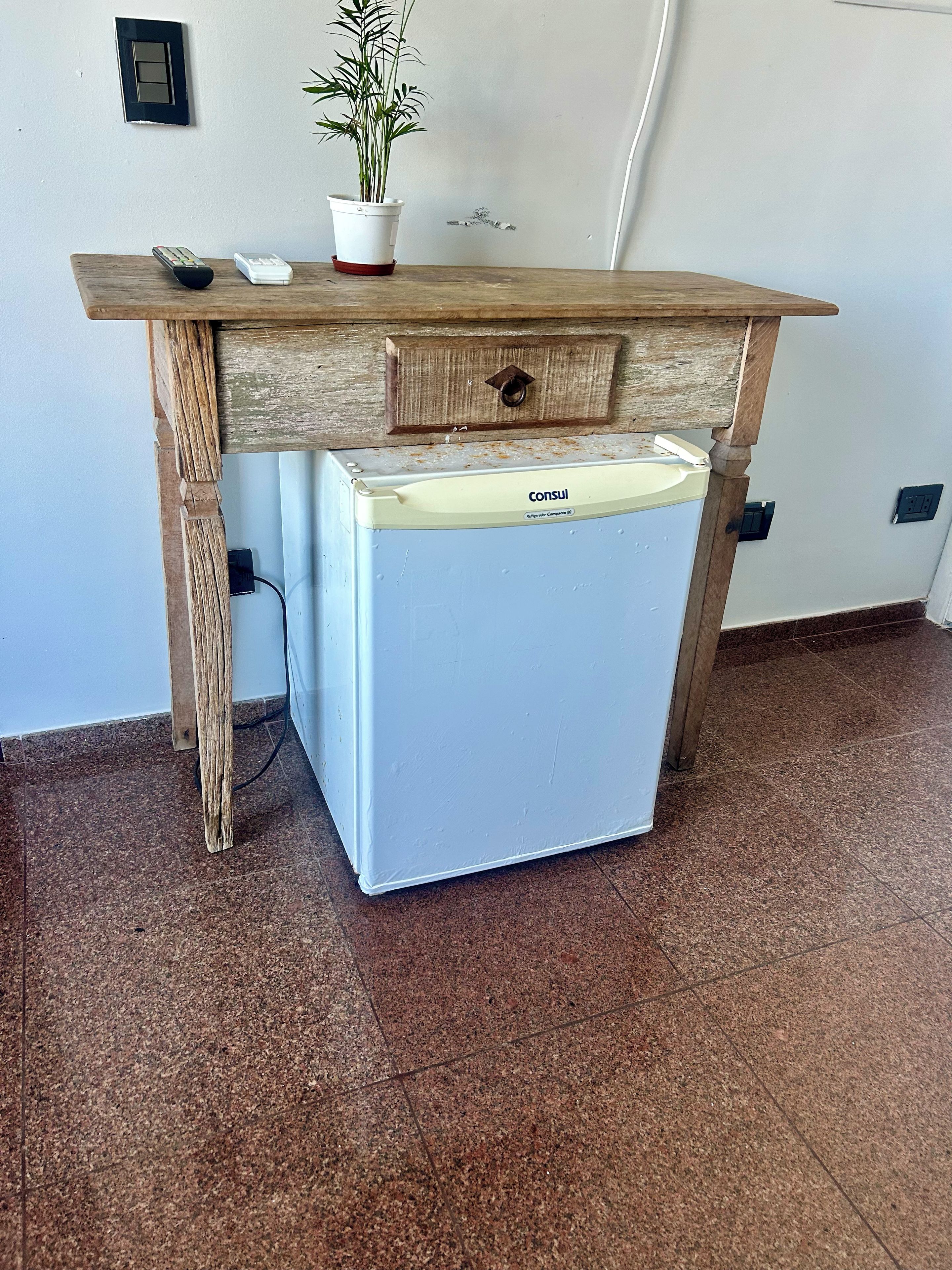 Una kitchenette compacta con refrigerador, una encimera de madera, una planta en maceta y un interruptor de luz en la pared.
