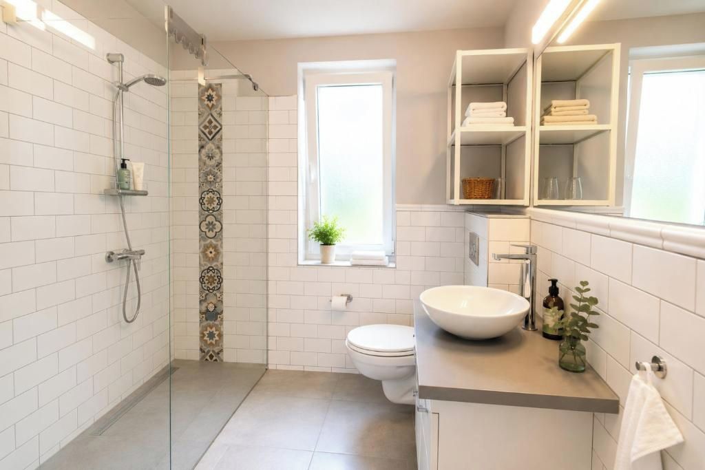 A modern bathroom with a glass-enclosed shower, a white sink, and a window with a plant.