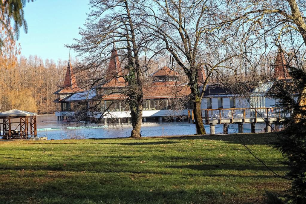 Vista del río con un pabellón, un muelle de madera y un edificio con varias chimeneas.
