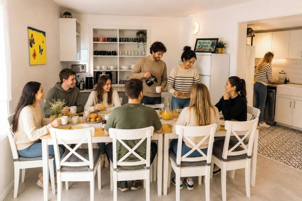 A group of people seated around a table in a modern kitchen with white cabinetry and a tiled backsplash.