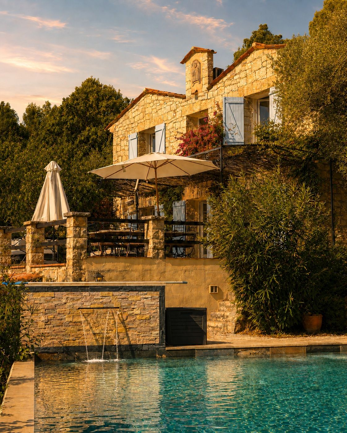A stone building with a pool, outdoor seating, and a covered patio area.