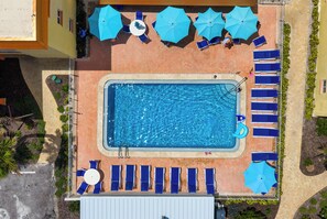 An aerial view of a swimming pool area with lounge chairs and umbrellas. - Siesta Key - Ground Floor Gulf-Front Retreat - 2 BR – Free Boat Docks (Siesta Key)