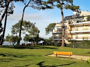 Ein Park mit einer Bank, Bäumen und einem Gebäude mit Balkonen.