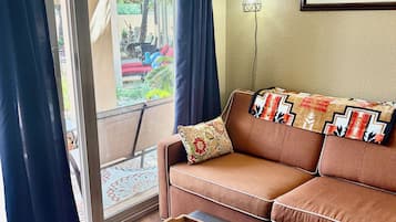 A living room with a brown sofa, a wooden coffee table, and a patterned rug.