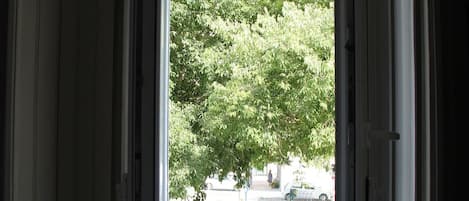 A room with a window, a door, and a view of a tree and a fence.