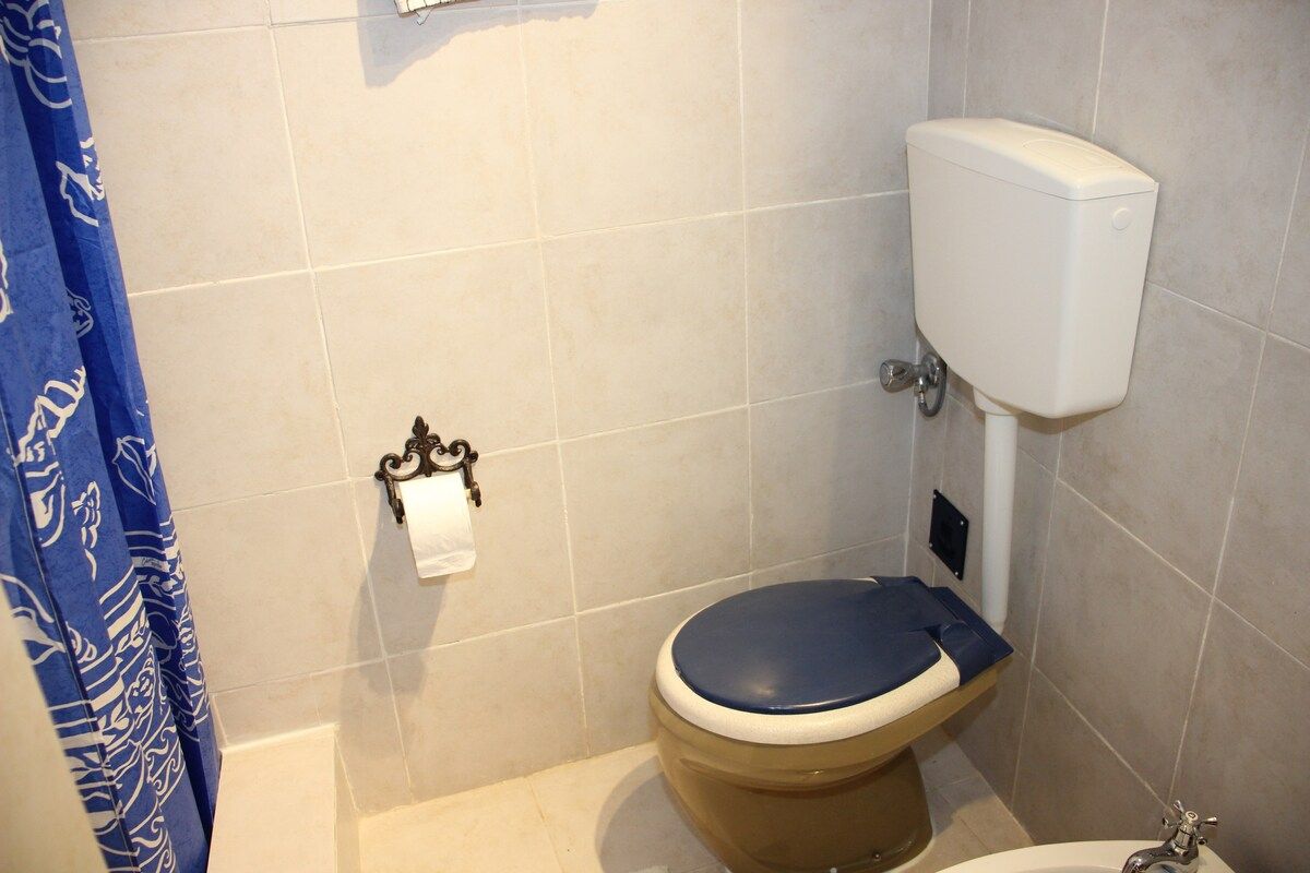 Un baño con inodoro, cortina de ducha azul y soporte para papel higiénico.