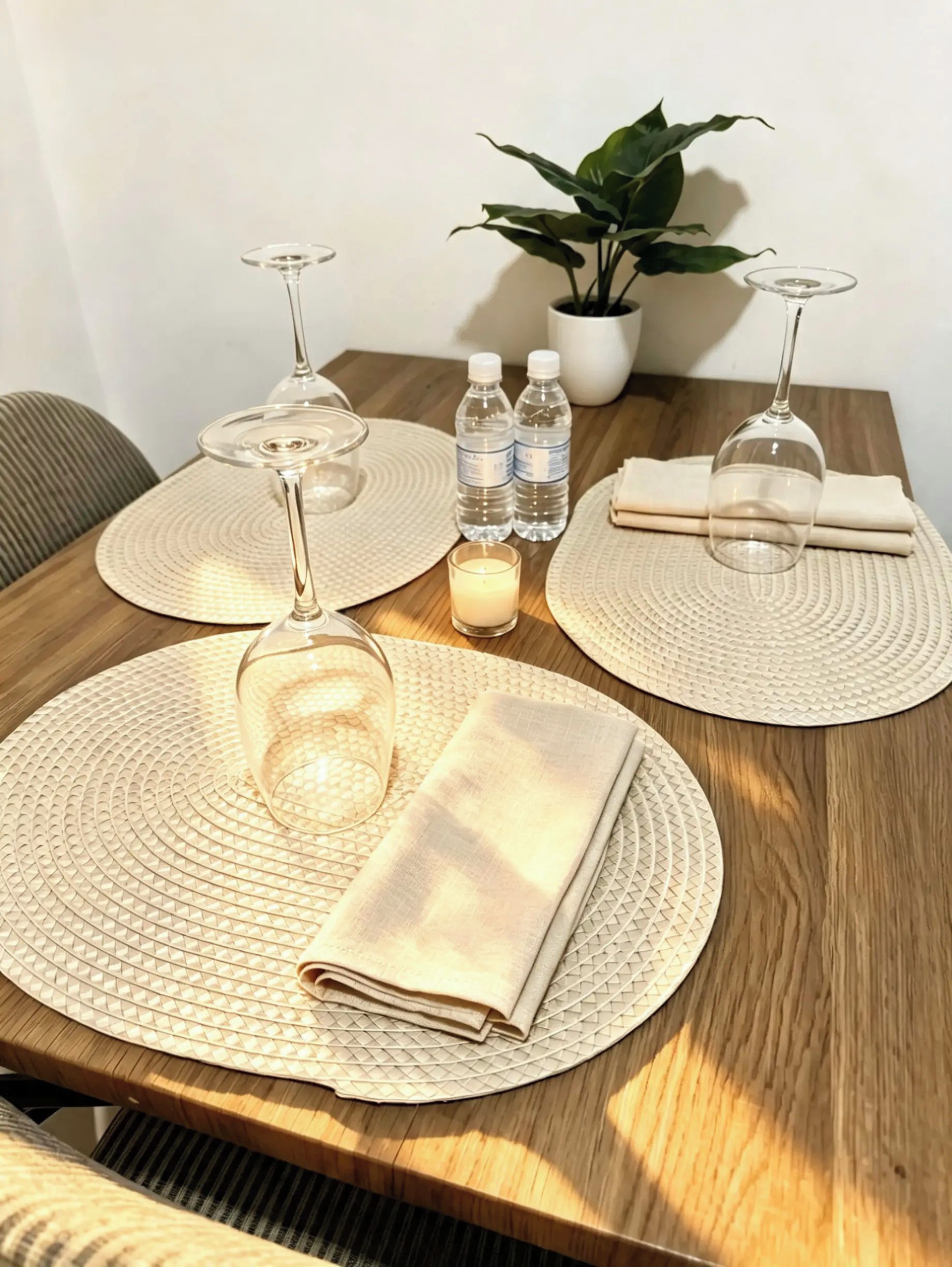 Mesa de comedor dispuesta con dos copas de vino, dos botellas de agua, una vela encendida y servilletas dobladas.