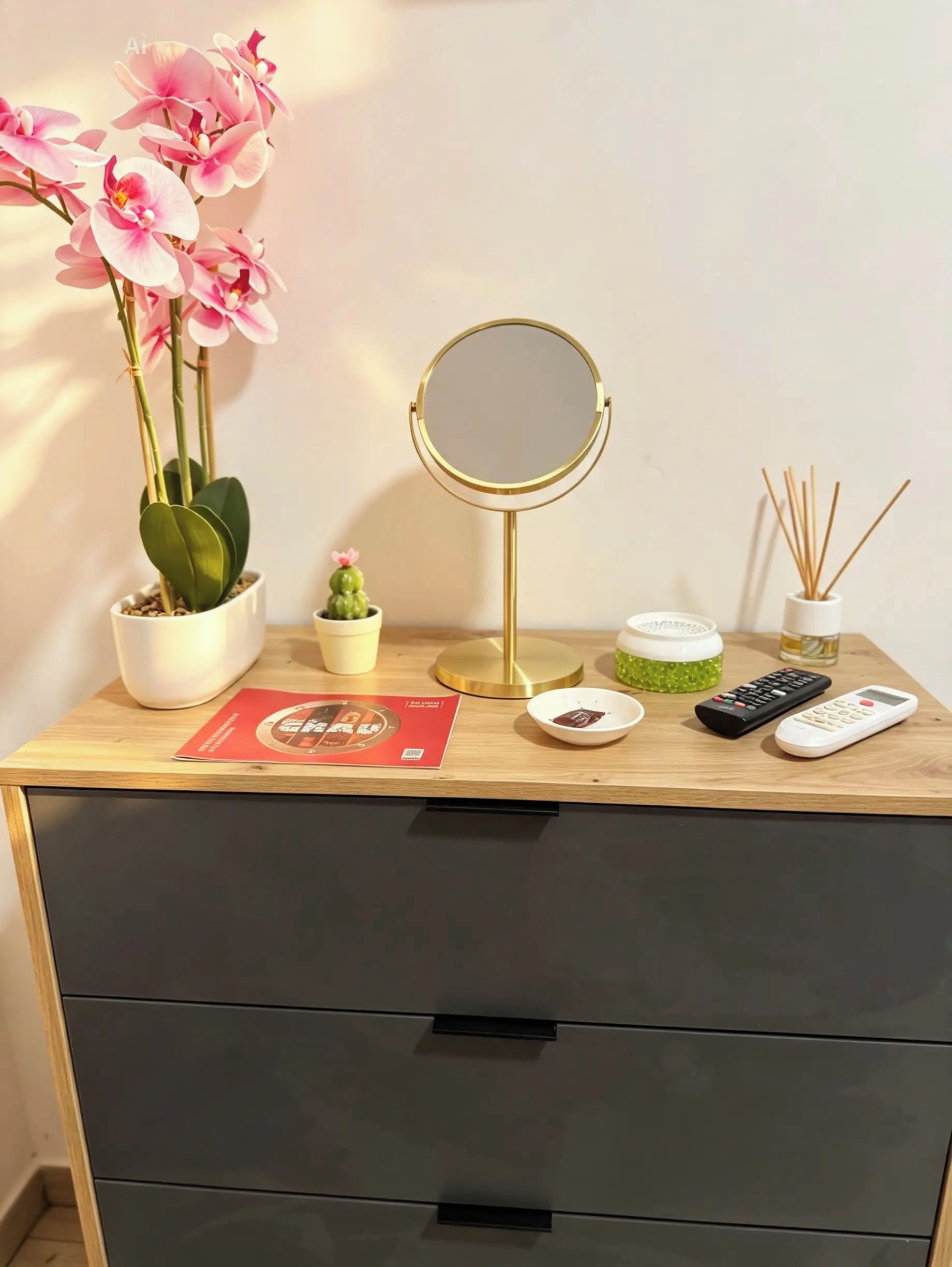 A wooden vanity with a mirror, a cactus, a small potted plant, a remote control, a candle, and a tissue box.