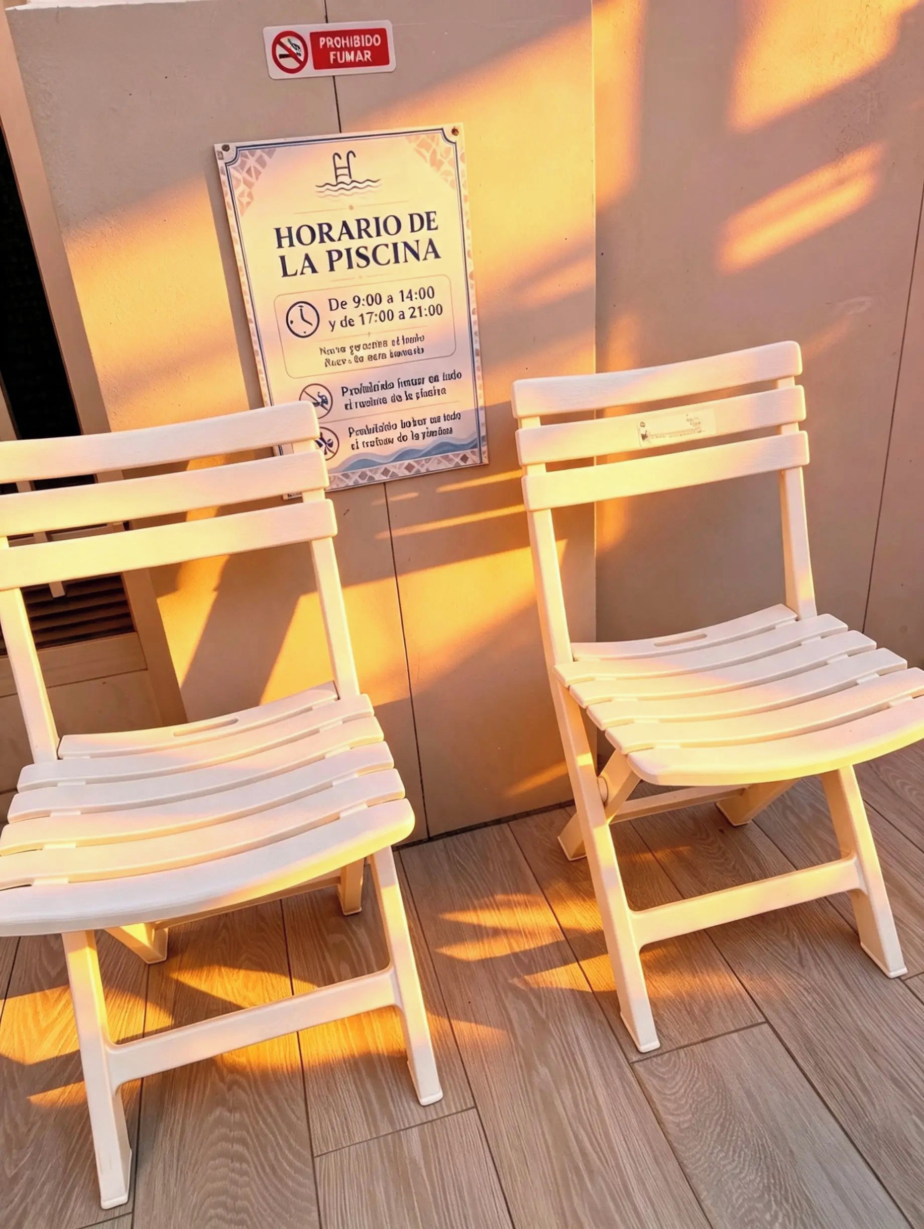 Twee witte plastic stoelen met een bord erboven dat het zwembadrooster weergeeft.
