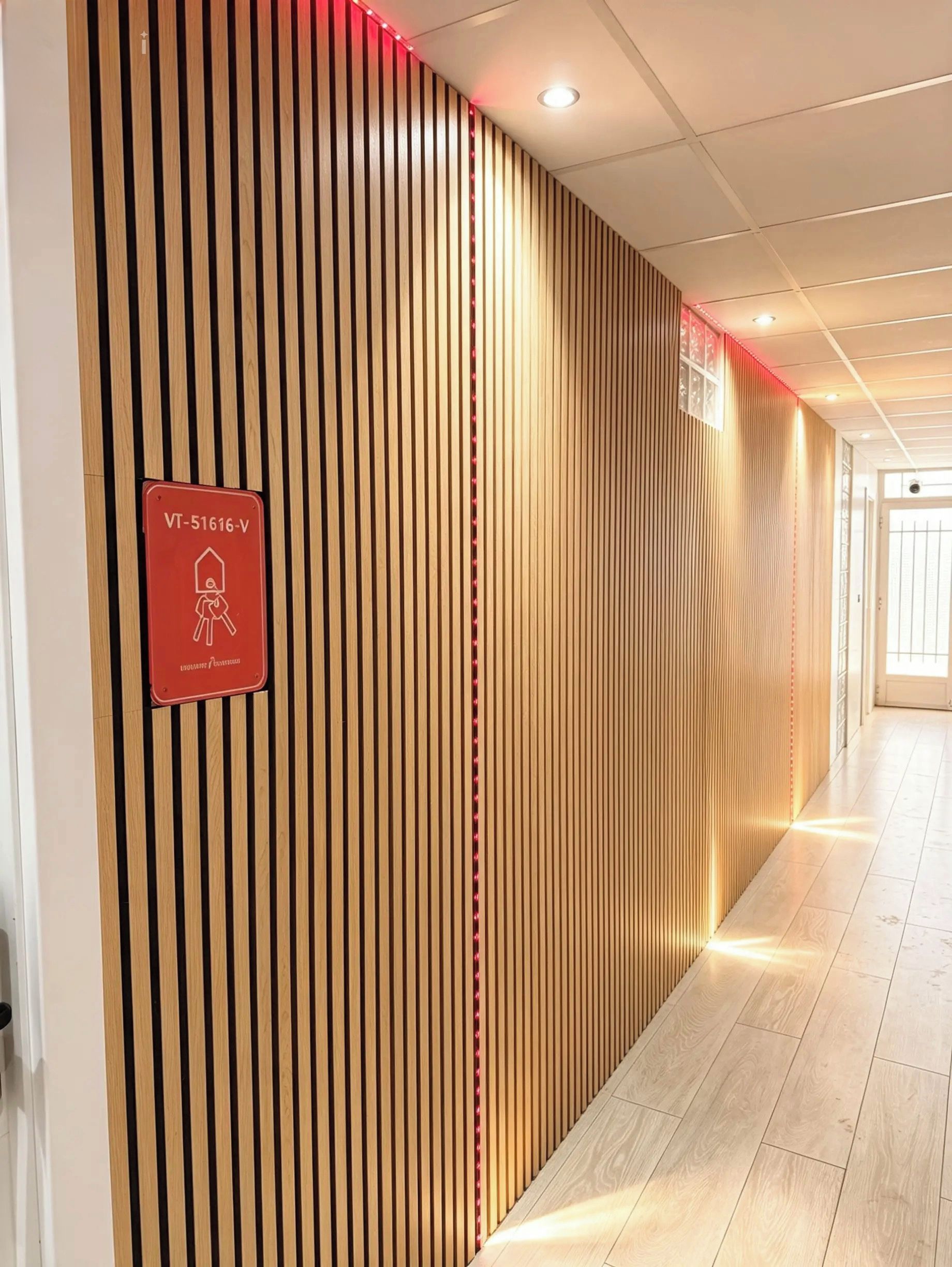 Een gang met verticale houten latten en een rood bord dat een kamer met een bed aangeeft.