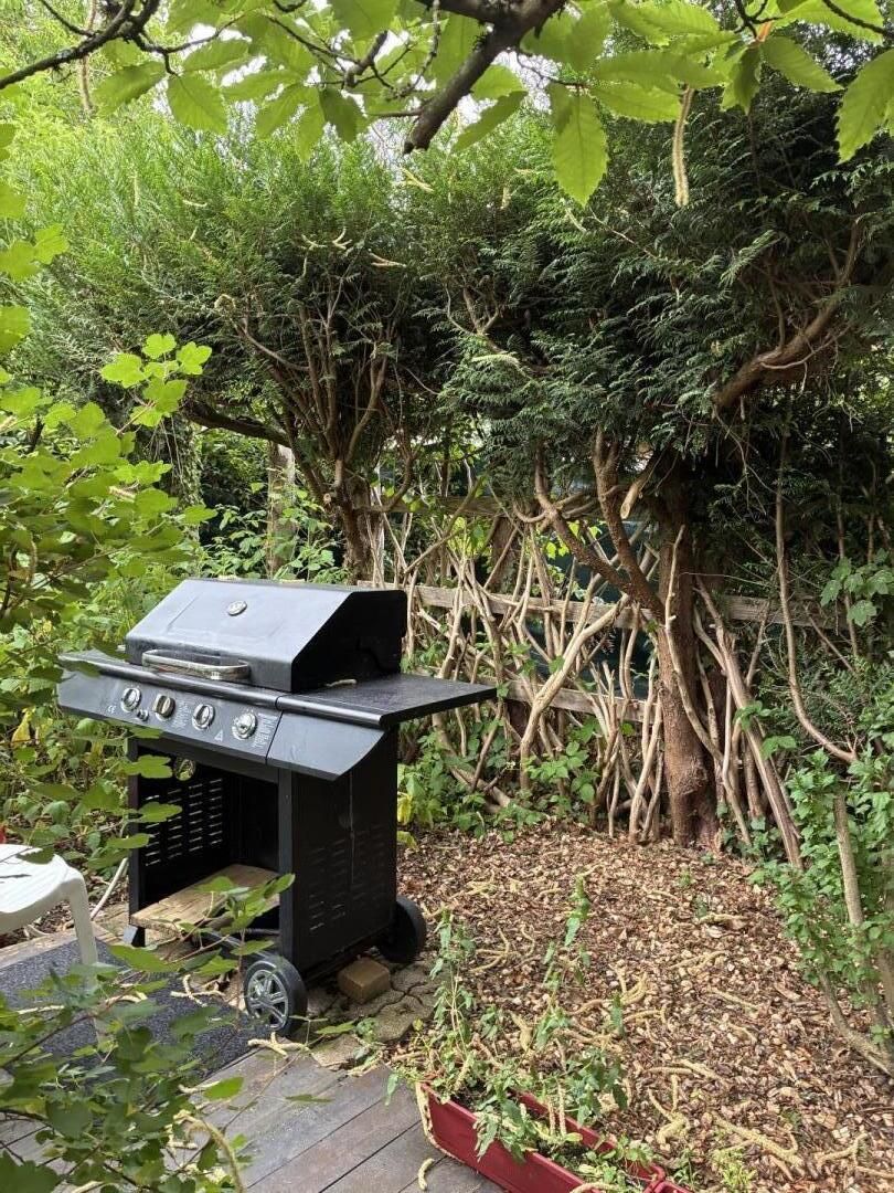 Una barbecue nera con un tavolino laterale, circondata da vegetazione fitta e una recinzione in legno.