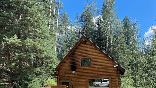 A wooden cabin with a gravel driveway, surrounded by trees. - Charming cabin in the woods, 1/2 mile to the highway including modern amenities (Durango)