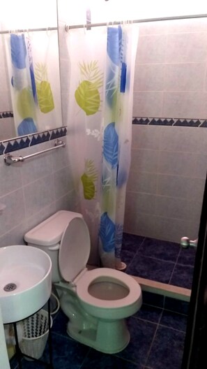 Ein Badezimmer mit Toilette, Waschbecken und Duschvorhang.