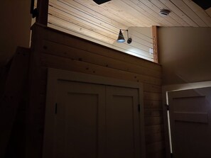A room with wooden paneling, two closed doors, and a ceiling light fixture.