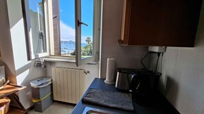 Une petite cuisine avec une fenêtre, un radiateur, une poubelle et une bouilloire.