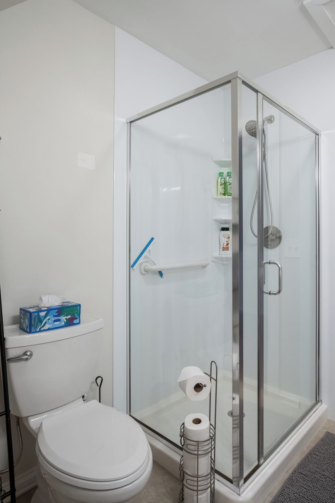 Une salle de bain moderne avec une douche à parois de verre, des toilettes et une étagère contenant des articles de toilette.