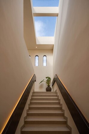 A staircase with a skylight and a potted plant. - NEW 3BR Boutique Villa w/ Private Pool - Bingin (South Kuta)