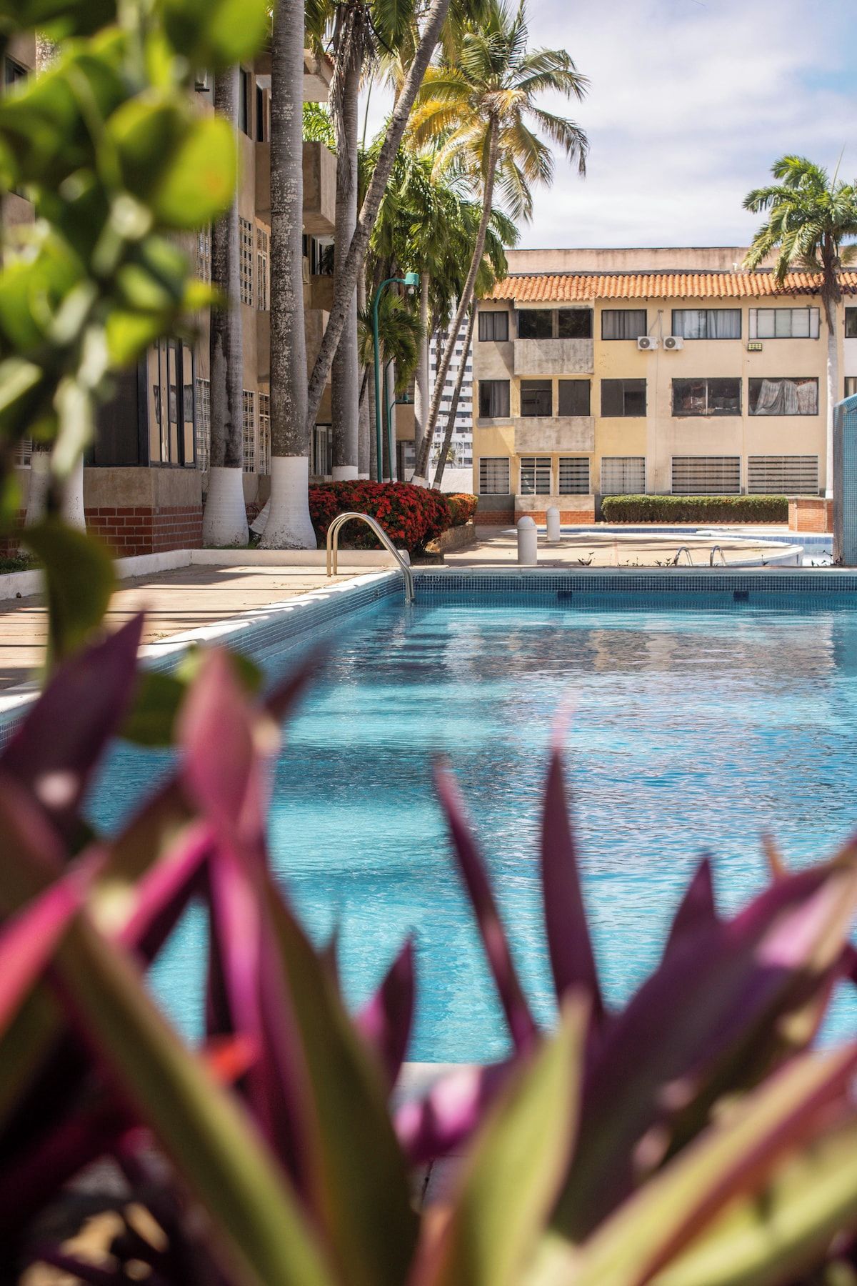 A swimming pool with a clear view of the surrounding buildings and palm trees.